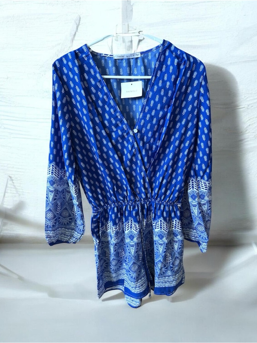 Royal Blue Boho V-Neck Romper, Fraiche by J